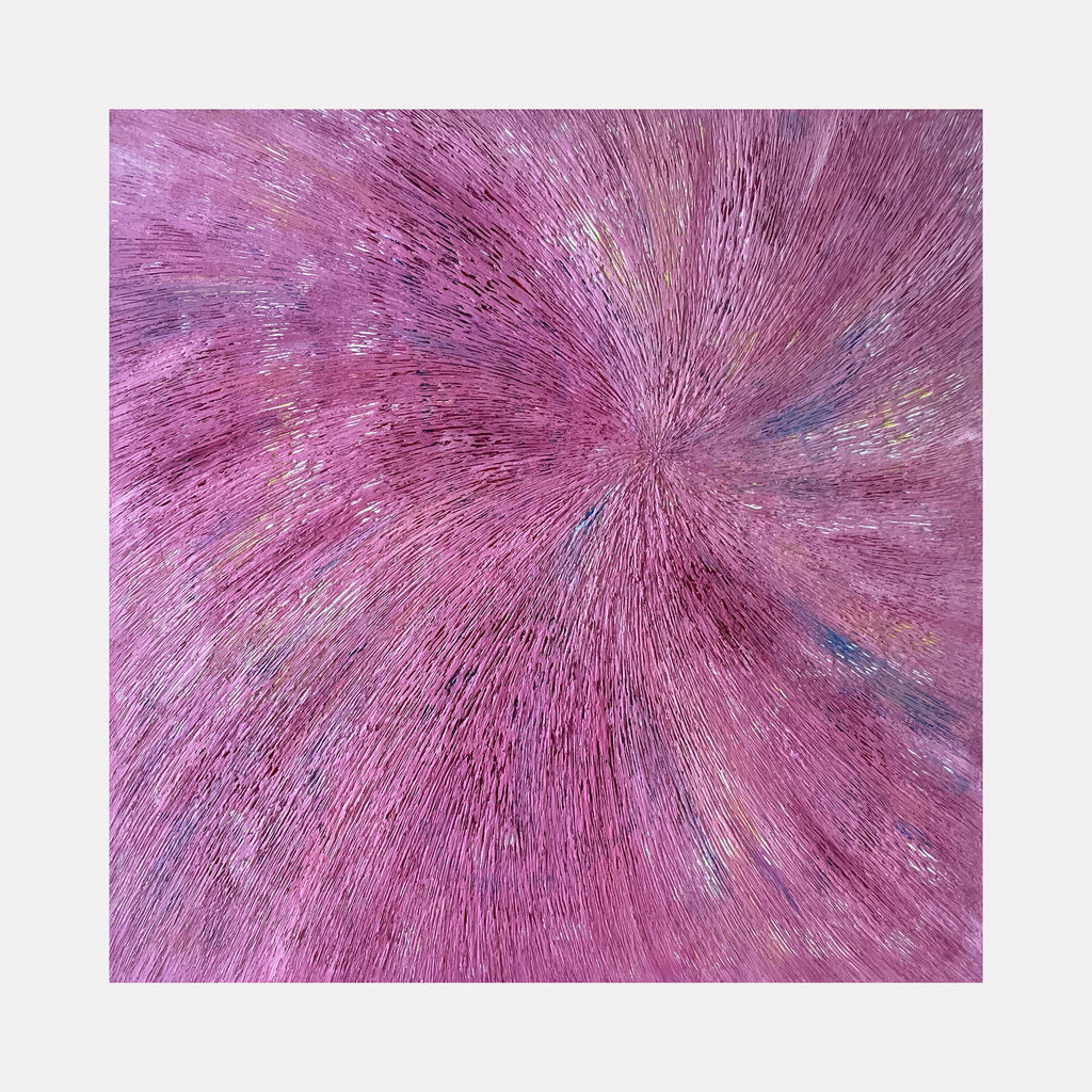 The artwork 'Number 8' by Roberto A Godinez features a dynamic radial burst pattern in vibrant pink and purple hues, with subtle blue accents. The oil painting creates an ethereal starburst effect, with fine brush strokes emanating from a central point across the 24x24 inch canvas, conveying movement and energy through its abstract expressionist style.
