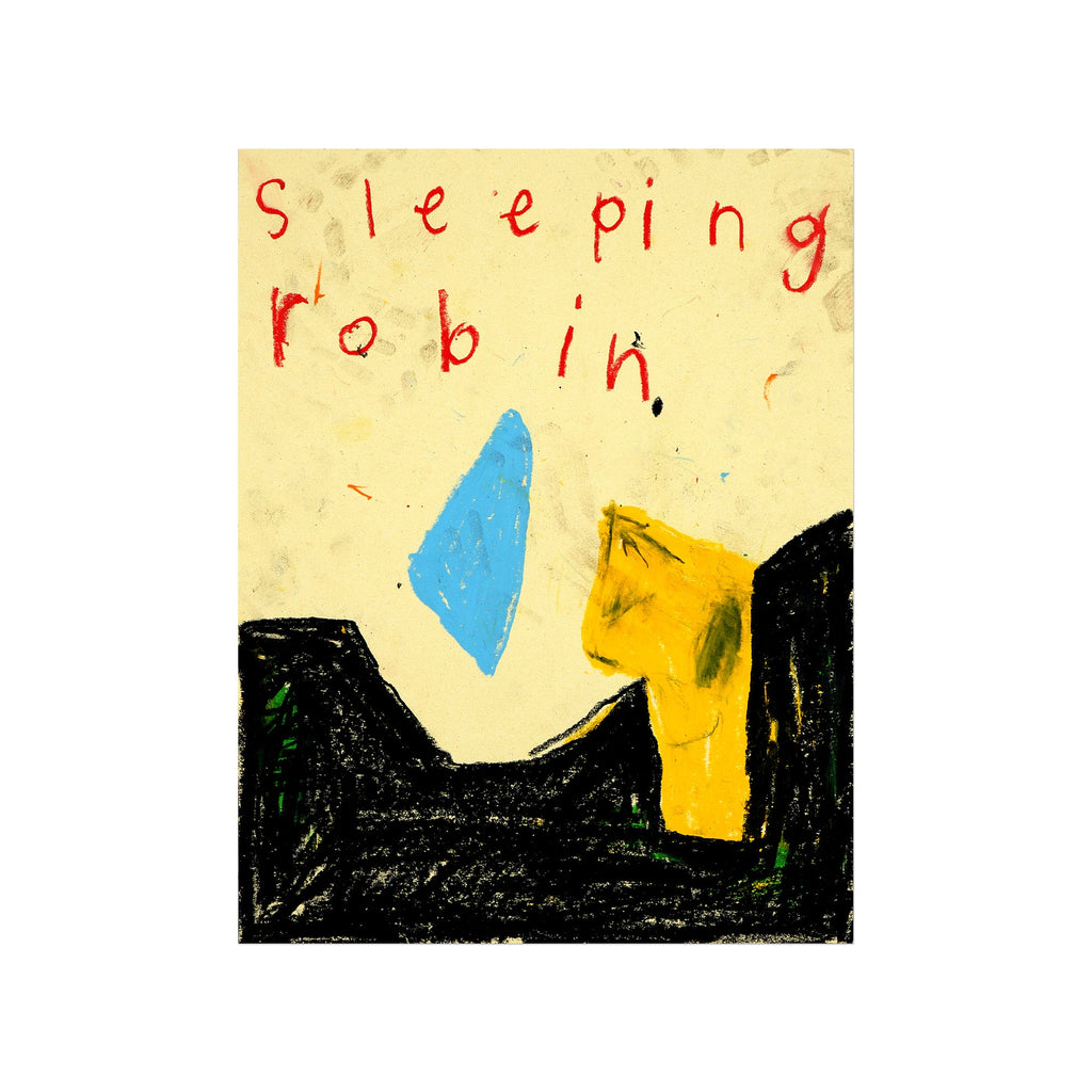 The artwork 'Sleeping Robin' by Joseph O'Neal features bold abstract shapes in black, yellow, and bright blue against a cream background. The title appears in red handwritten text at the top. Created with pencil and wax pastel on paper, the piece showcases a minimalist composition with rough, textural strokes and geometric forms - by Joseph O'Neal
