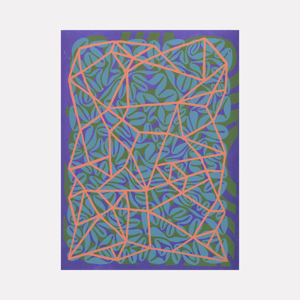 The artwork 'Print 9' by Patricia Fabricant features an abstract geometric pattern with intersecting coral-pink lines creating an irregular grid over flowing turquoise curves against a deep purple background. A silkscreen print on paper showcasing organic forms contrasting with linear elements in a modernist style.