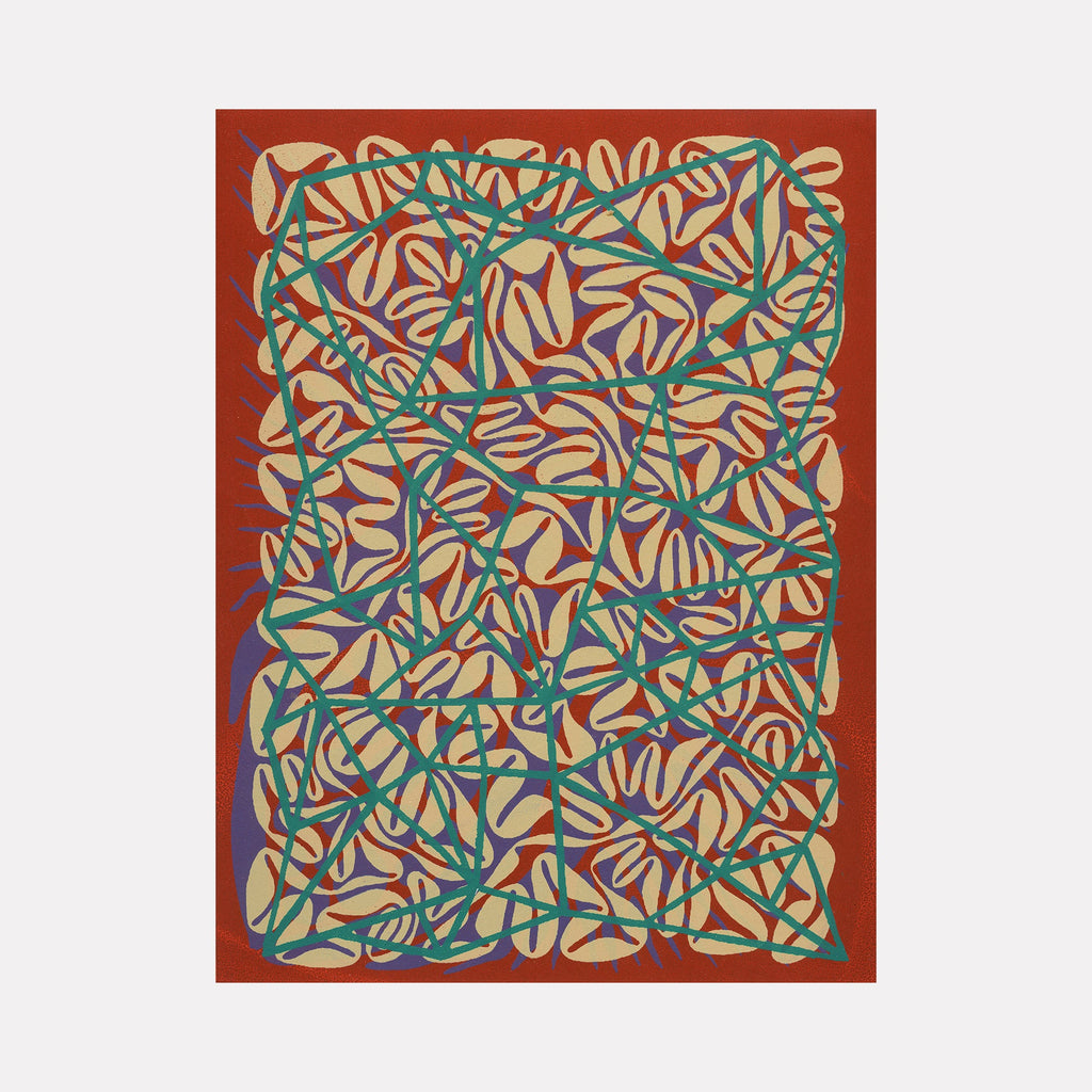 Print 12 by Patricia Fabricant features an intricate silkscreen pattern on paper with interweaving organic shapes in teal, rust red, and beige. Abstract curved forms create a dense, maze-like composition reminiscent of overlapping leaves or petals, bordered by a rich terracotta frame. The 11x8.5 inch artwork showcases a rhythmic, nature-inspired design by Patricia Fabricant.