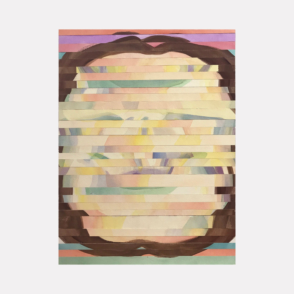 The artwork 'Faceless 2' by Patricia Fabricant features horizontal striped layers in pastel yellows, greens, and peaches, creating an abstract geometric composition. Dark brown edges frame the central layered pattern, while subtle mint and coral accents add depth. Gouache on paper mounted on panel creates a delicate, matte finish.