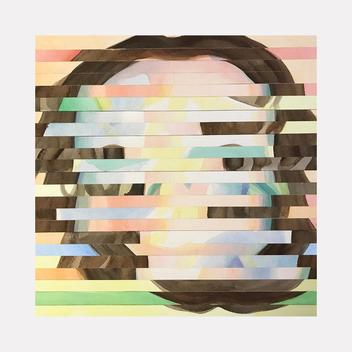 The artwork 'Faceless 4' by Patricia Fabricant features an abstract composition with horizontal striped bands in pastel colors including mint green, soft yellow, pink, and blue. The strips create a fragmented effect across a circular form, with dark gestural brushstrokes creating depth and contrast. Created in gouache on paper mounted on panel, the 12x12 inch piece demonstrates a contemporary deconstructed aesthetic.