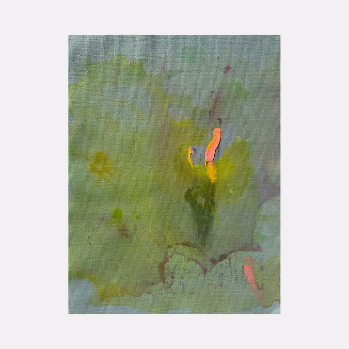 The artwork 'Re.lease #17' by Dina AZ Salem features ethereal abstract composition with soft sage green backgrounds punctuated by vibrant coral and yellow accents. Fluid brushstrokes create misty, dreamlike effects in acrylic and oil, with delicate color transitions and atmospheric depth on canvas paper.