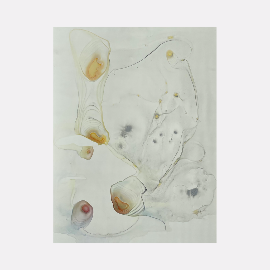 The artwork 'Re.lease #22' by Dina AZ Salem features delicate abstract forms in watercolor-like acrylic on yupo paper. Flowing organic shapes in soft whites and creams are accented with warm amber and rust tones, while gentle gray spots create depth. Fluid lines and translucent layers create a dreamy, ethereal composition resembling natural cellular formations.