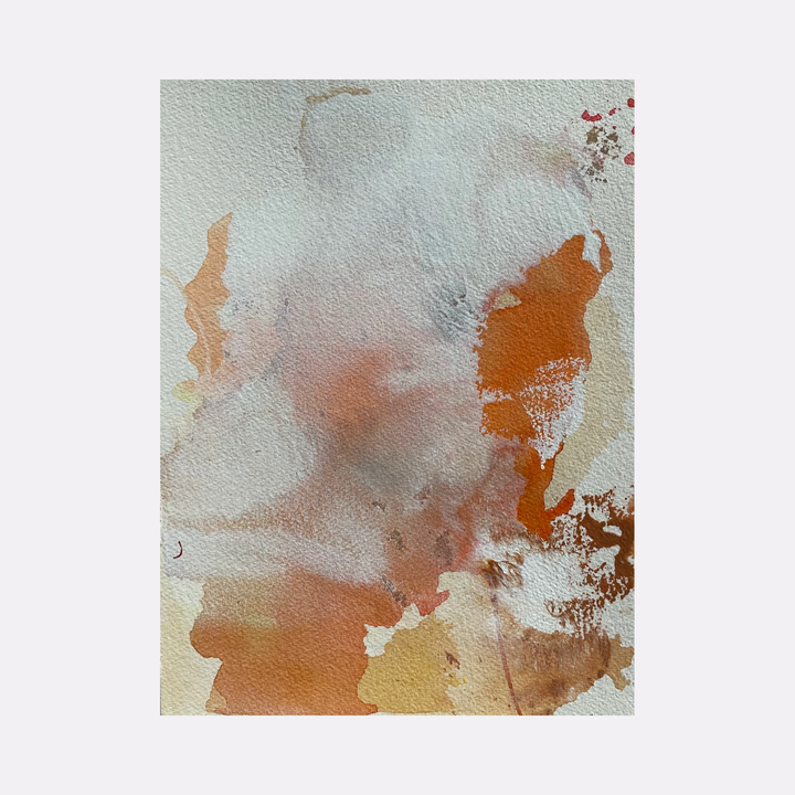 The artwork 'Re.lease #26' by Dina AZ Salem features ethereal watercolor-like effects in warm terracotta and burnt orange tones blending into soft whites and grays. Abstract organic shapes flow across the paper surface creating a dreamy, atmospheric composition with delicate color transitions and translucent layering effects rendered in acrylic paint.