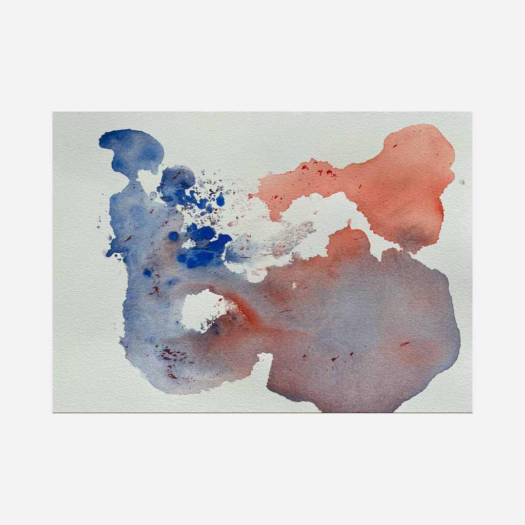 The artwork 'Re.lease #30' by Dina AZ Salem features an abstract watercolor composition with fluid blue and coral pink shapes merging on white paper. The painting shows organic forms with splattered effects, creating a dreamy atmospheric quality where cool and warm tones blend harmoniously in a modern minimalist style. Acrylic on paper, 12x9 inches.