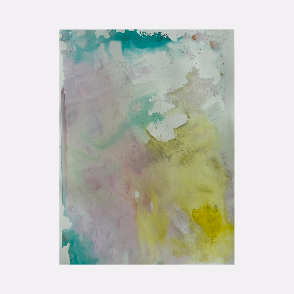 The artwork 'Re.lease #53' by Dina AZ Salem features ethereal watercolor-like effects in turquoise, yellow, and soft gray hues. Abstract flowing patterns create a dreamy atmosphere, with transparent layers blending seamlessly into each other. The acrylic on paper piece showcases gentle color transitions and delicate brushwork techniques.