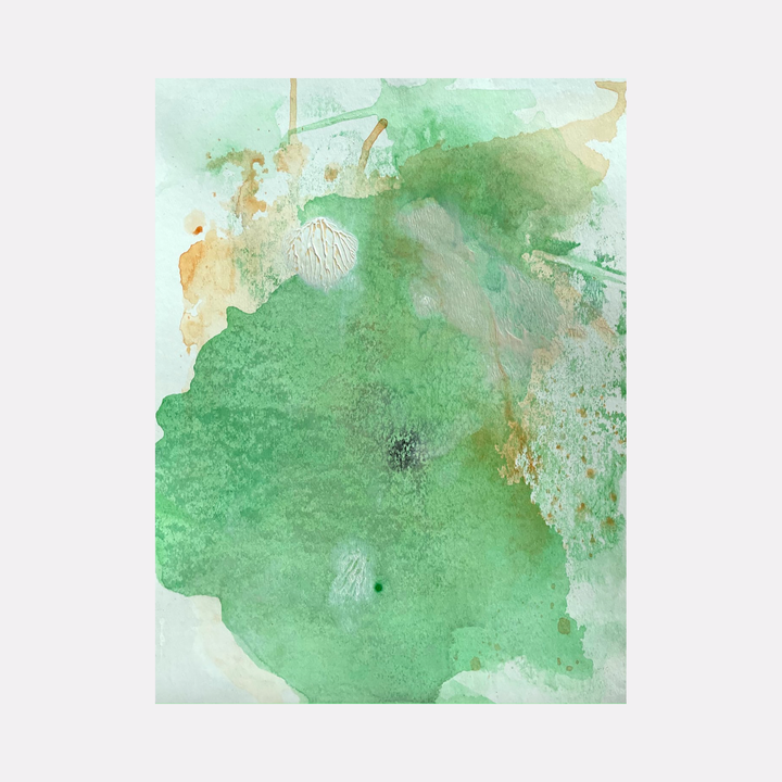 The artwork 'Re.lease #9' by Dina AZ Salem features ethereal watercolor-like effects in soft mint green hues, with delicate copper accents and translucent white gestural marks. Abstract acrylic painting on paper showcases organic flowing forms and subtle color variations, creating a dreamlike aqueous composition measuring 12 x 9 inches.