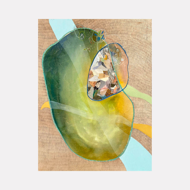 The artwork 'Bye-Lo' by Linden Eller features an abstract organic form in luminous greens and yellows, with a collaged detail enclosed in a curved shape. The composition flows across a textured wooden panel background, accented with turquoise elements. The mixed media technique creates depth through translucent layers and gestural marks.