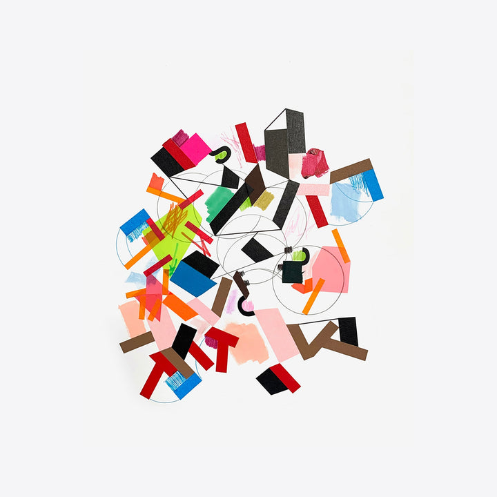 The artwork 'Byyvaar 1' by Philippe Halaburda features a dynamic abstract composition of geometric shapes and fragments, combining vibrant colors including red, pink, blue, and neon green against a white background. Sharp angular forms and curved elements intersect with bold black lines and white spaces, creating a playful collage effect using acrylic and tape on paper.