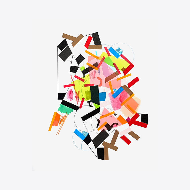 The artwork 'Byyvaar 2' by Philippe Halaburda features a dynamic abstract composition of geometric shapes in vibrant colors including red, yellow, blue, and black. Angular forms and tape elements create a playful collage effect on white paper, with fluid lines and sharp edges interacting in an energetic arrangement. Medium: acrylic and tape on paper by Philippe Halaburda