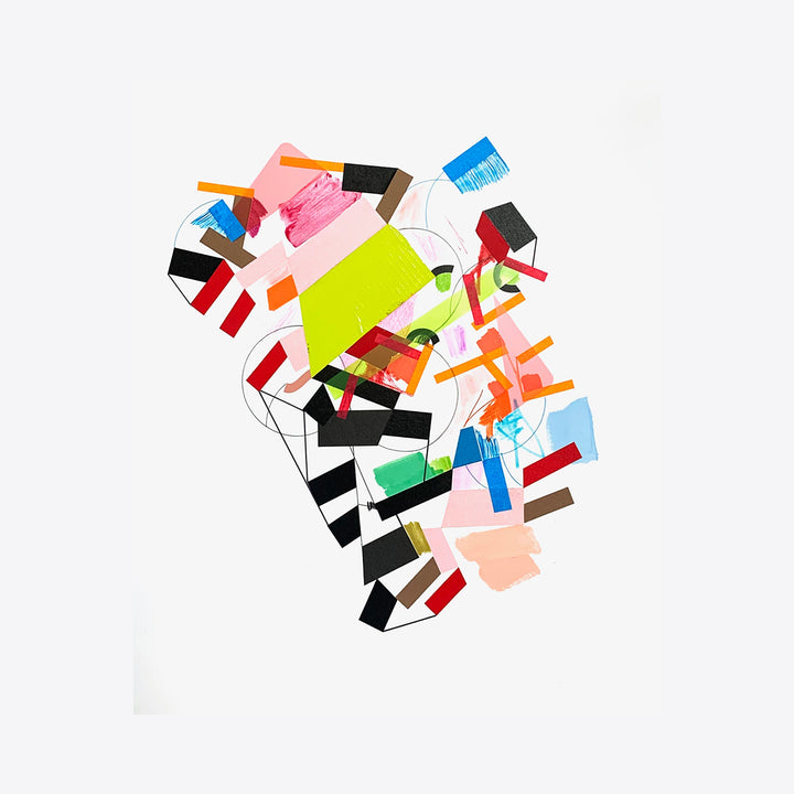 The artwork 'Byyvaar 3' by Philippe Halaburda features an abstract composition of geometric shapes in vibrant colors. Pink, lime green, blue, red, and black fragments are arranged dynamically with curved black lines, creating a sense of movement. The mixed media piece combines acrylic paint and tape on paper, measuring 17 x 14 inches, by Philippe Halaburda.