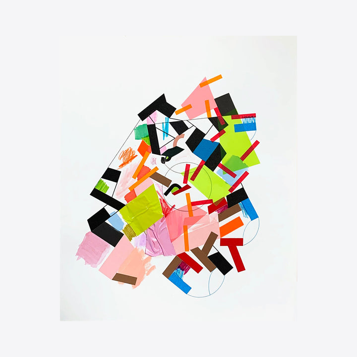 The artwork 'Byyvaar 4' by Philippe Halaburda features dynamic abstract geometric shapes in vibrant colors including pink, lime green, black, and blue, arranged in a collage-like composition using acrylic and tape on paper. Angular forms and curved lines create an energetic, modernist pattern against a white background. By Philippe Halaburda.