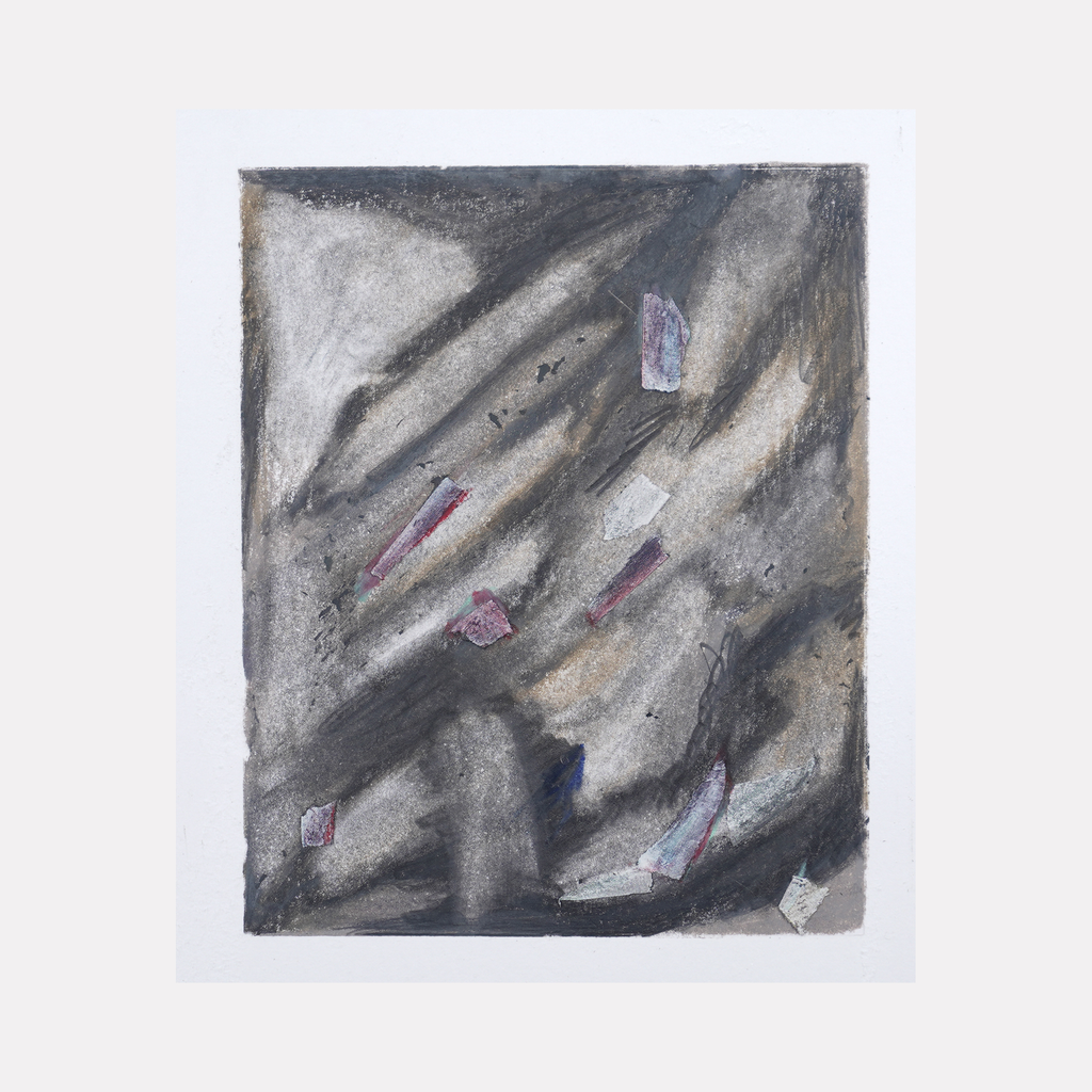 The artwork 'Cagliari (3)' by Diana Naccarato features abstract diagonal brushstrokes in charcoal grays and whites, with small fragments of pink and purple tape scattered throughout the composition. The pencil work creates dynamic movement through textured, stormy-like patterns, framed within a 8x6 inch format by Diana Naccarato.