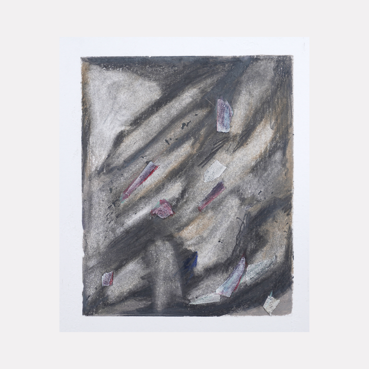 The artwork 'Cagliari (3)' by Diana Naccarato features abstract diagonal brushstrokes in charcoal grays and whites, with small fragments of pink and purple tape scattered throughout the composition. The pencil work creates dynamic movement through textured, stormy-like patterns, framed within a 8x6 inch format by Diana Naccarato.