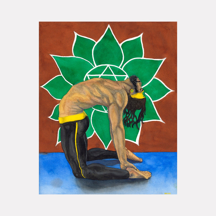 The artwork 'Camel Pose Ustrasana' by Damon Powell features a figure performing a backbend yoga pose against a vibrant green lotus mandala on a rust-colored background. The watercolor painting depicts fluid movement, with the figure wearing black and yellow attire on a blue surface, capturing the essence of this challenging yoga posture.