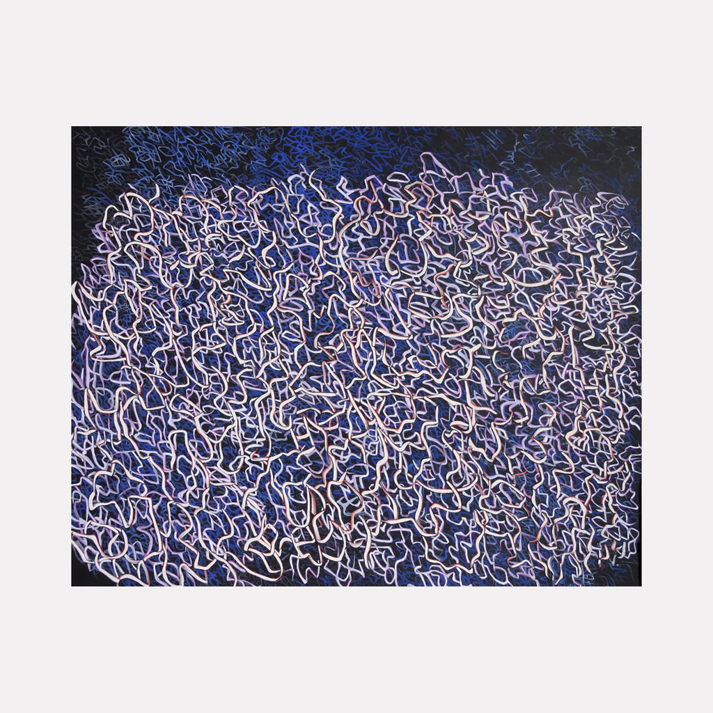 The artwork 'Carving the Abyss' features an intricate maze-like pattern of white curving lines against a deep midnight blue background, creating a mesmerizing abstract composition. The watercolor and gouache technique produces ethereal swirls that appear to float and interweave across the surface, suggesting cosmic movements. By Megan Olson.
