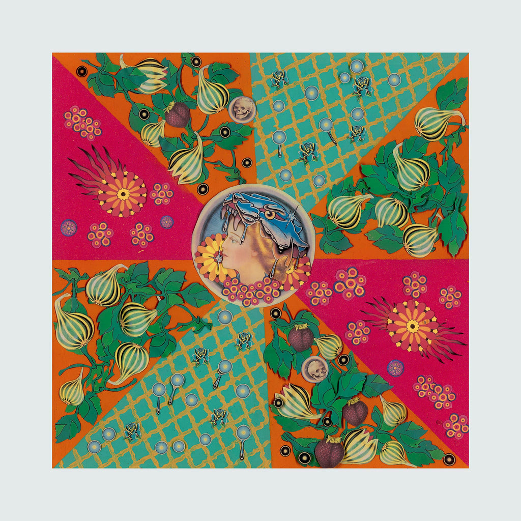 The artwork 'Center of All' features a vibrant mixed media collage with a radial composition combining orange, turquoise, and magenta sections. A central circular medallion is surrounded by repeating patterns of stylized onions, green leaves, and delicate floral motifs. Geometric lattice work in turquoise contrasts with organic botanical elements. Mixed media artwork by Chelsea Amato.