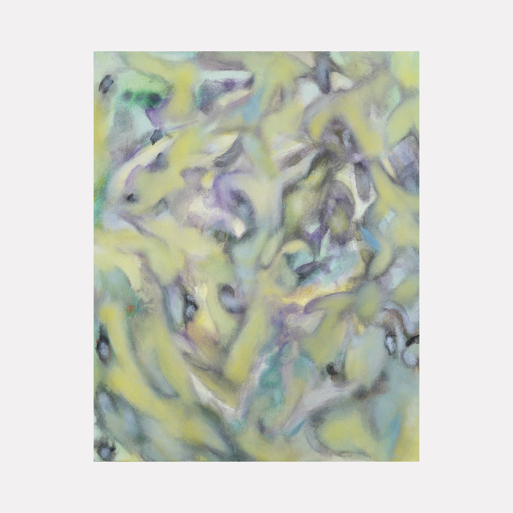 The artwork 'Changing' by Diana Naccarato features abstract fluid forms in soft yellows, purples, and mint greens. Sweeping brushstrokes create an ethereal, dreamlike composition with translucent layers blending together. The acrylic painting on canvas showcases organic shapes flowing across the surface, suggesting movement and transformation.