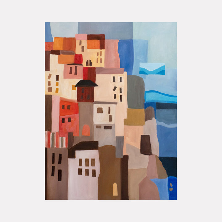 The artwork 'Cinque Terre' by Chelsie Sunde depicts a colorful abstract interpretation of Italian coastal architecture, featuring stacked geometric buildings in warm terracotta, pink, and brown tones against a vibrant blue Mediterranean sea backdrop. Oil on canvas showcases cubist-inspired shapes and modern artistic style, capturing the iconic cliffside village essence.