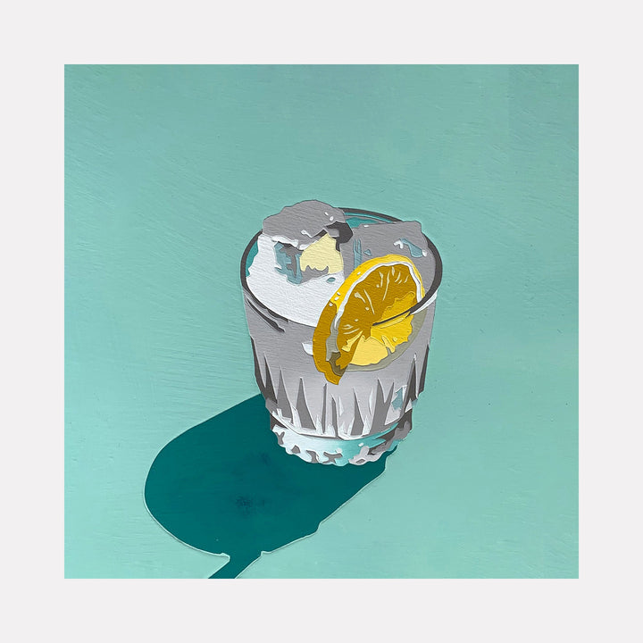 The artwork 'Clear Cocktail' by Lori Larusso depicts a crystal cut glass with ice cubes and a vibrant yellow lemon slice, set against a mint green background. The contemporary acrylic painting on wood panel captures the translucent nature of the glass and casts a subtle shadow, showcasing minimalist realism and precise geometric details.