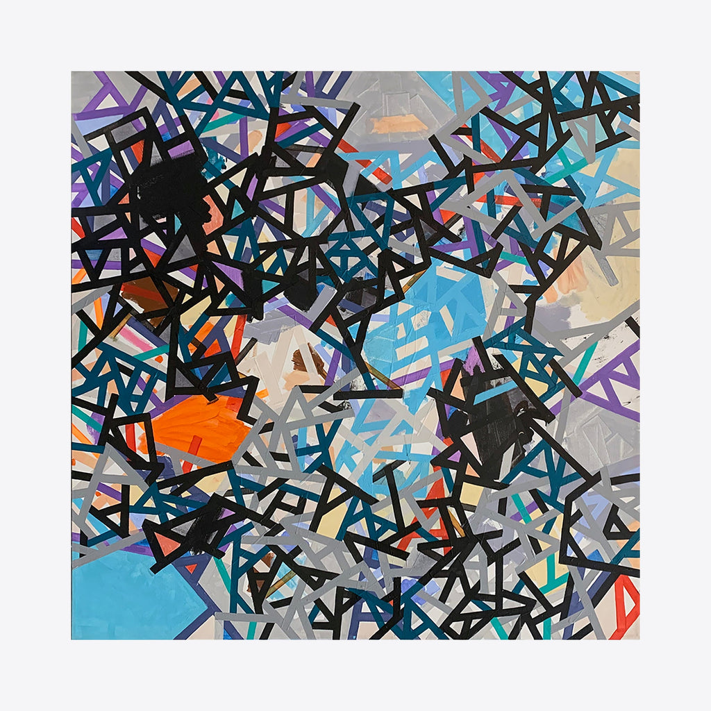 The artwork 'Cllea Embryyo' by Philippe Halaburda features an intricate abstract composition of intersecting geometric lines and shapes in vibrant colors. Dynamic black angular patterns overlay a mosaic of turquoise, purple, orange, and gray segments, creating a complex network reminiscent of urban maps or digital circuits. Acrylic and tape on canvas, 36x36 inches by Philippe Halaburda.