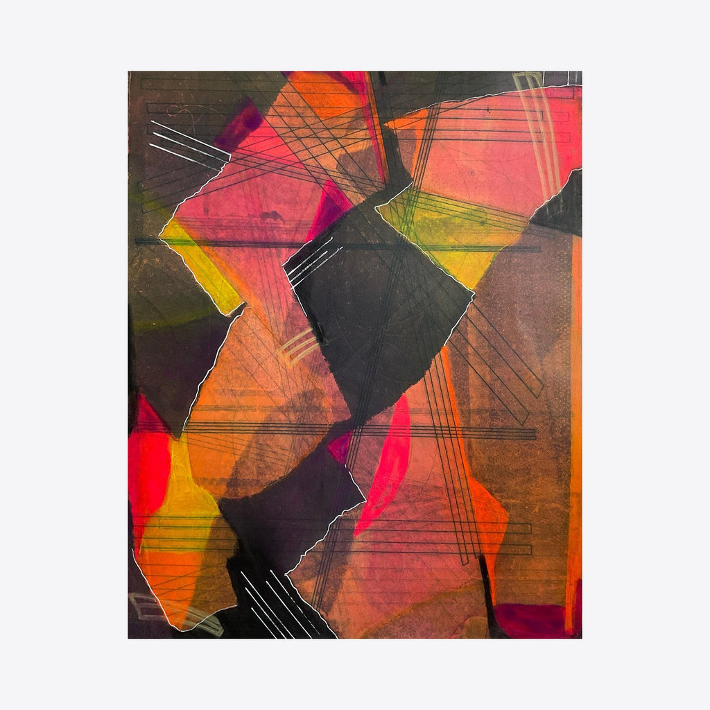 The artwork 'Stories of the past 1' by Marta Nowicka features an abstract composition of geometric shapes in vibrant warm tones. Angular fragments in orange, red, and yellow intersect with bold black forms, creating dynamic movement. Fine white linear details cross the surface, while layered mixed media textures on paper enhance visual depth within the 10x8 inch piece.