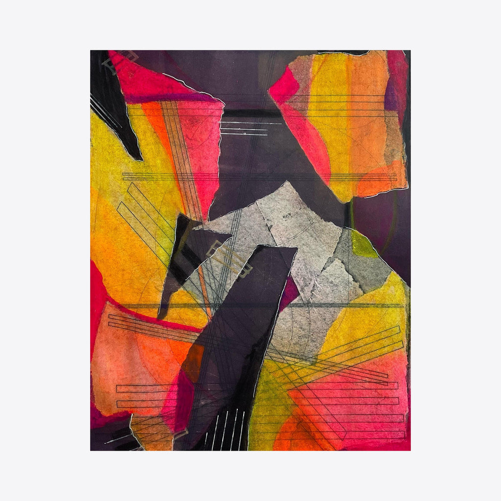 The artwork 'Stories of the Past 2' by Marta Nowicka features abstract geometric shapes in vibrant pink, orange, and yellow tones contrasting with deep black elements. Mixed media collage on paper showcases angular fragments with linear details, creating a dynamic composition of overlapping forms with textural elements in gray. The piece evokes a modern, energetic aesthetic.