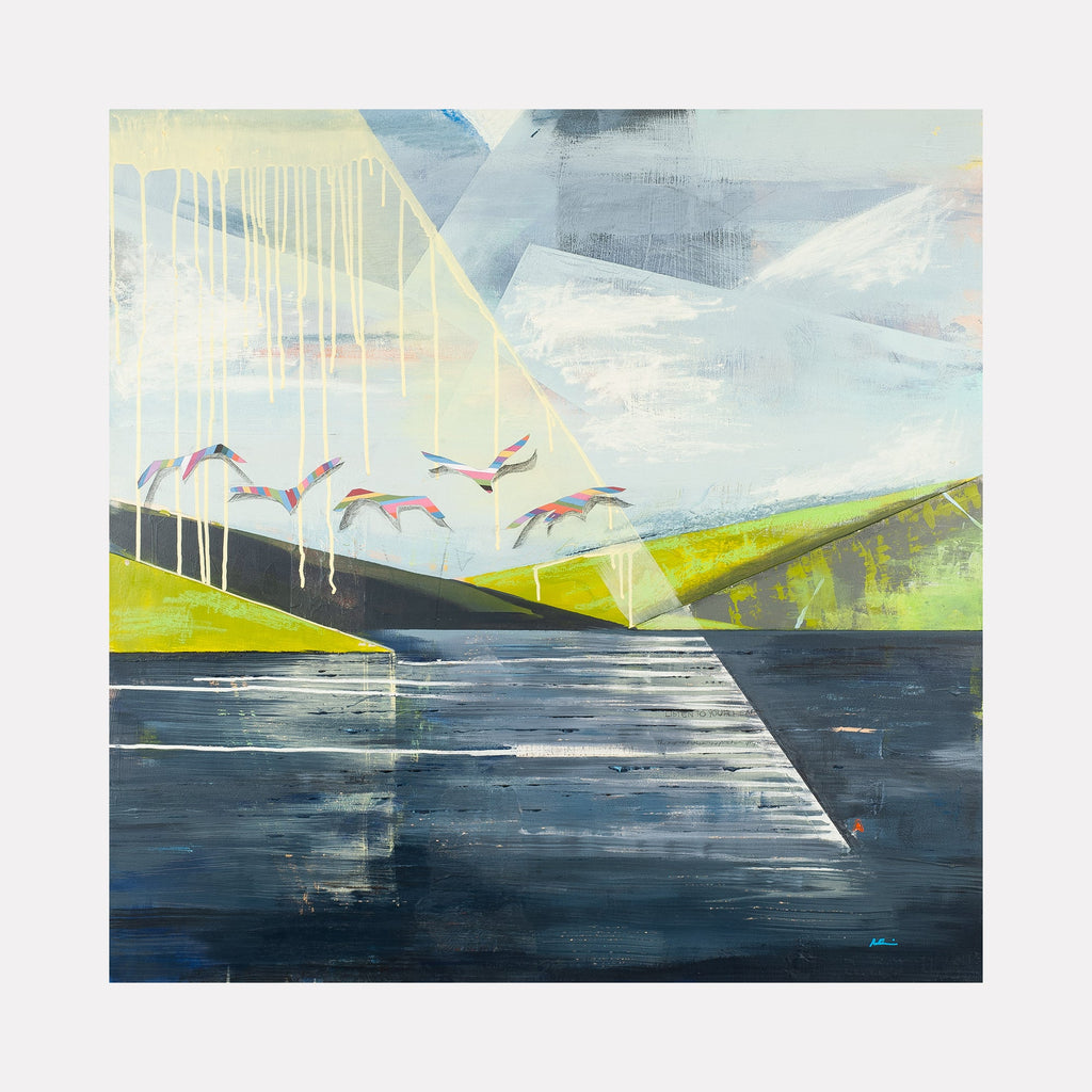 The artwork 'Coming Home' by Nicki Adani features stylized birds with rainbow-colored wings soaring over a minimalist landscape. A deep blue water body reflects white drips against rolling green hills and geometric mountain shapes beneath a cloudy sky in soft blues and yellows. Mixed media on wood panel creates dynamic texture and movement. By Nicki Adani.