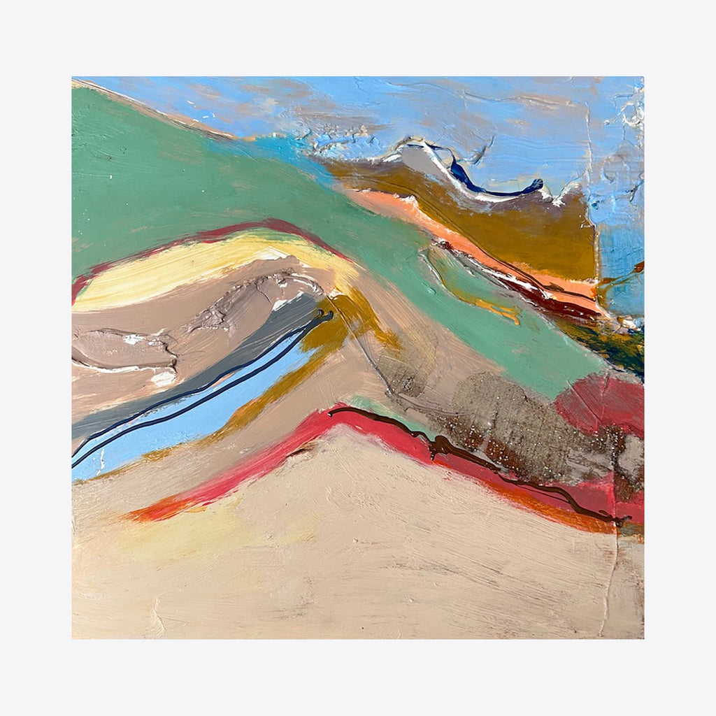 The artwork 'Complement I' by Beth Barry features an abstract landscape with sweeping diagonal lines in vibrant teal, sand, and coral hues. The textured mixed media piece showcases bold brushstrokes and layered paint creating a dynamic movement across the 12x12 inch panel, with earthy tones contrasting against bright pops of color. By Beth Barry.