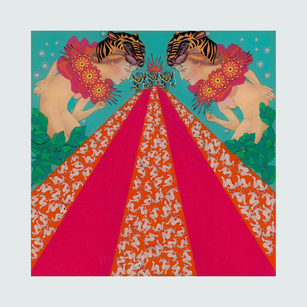 The artwork 'Congragation' features a symmetrical composition with two floating figures adorned with vibrant pink floral elements against a turquoise sky. A dramatic red and orange triangular path extends through the center, patterned with delicate white silhouettes. Emerald green foliage frames the bottom corners. Mixed media collage artwork by Chelsea Amato.