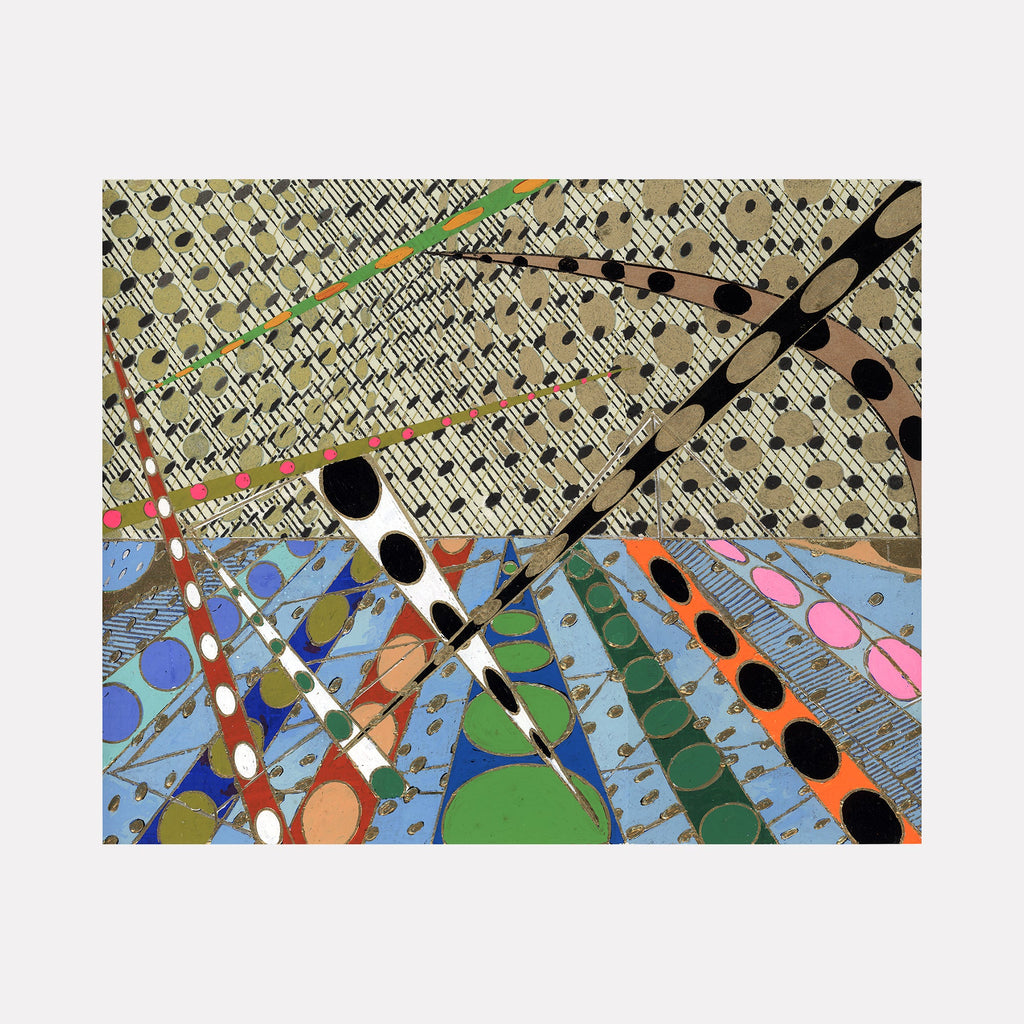 The artwork 'Cosmic Curvature' by Amy Cheng features dynamic diagonal lines and dotted patterns creating an abstract cosmic perspective. Vibrant circular shapes in blue, green, orange, and pink populate the lower half, while intricate black and white geometric patterns fill the upper portion. Created with gouache and oil marker, the composition suggests movement and celestial energy.