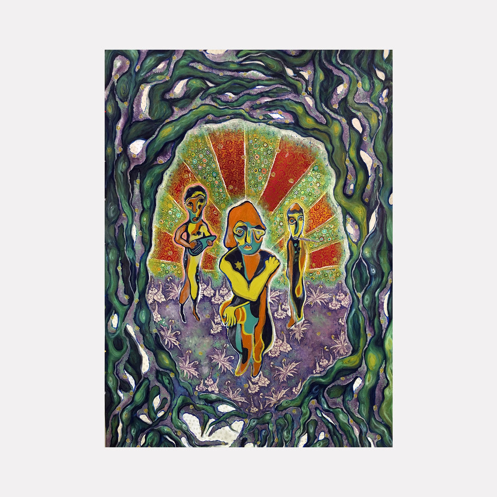 The artwork 'There Is A Crack in Everything' by Laurie Shapiro features vibrant figures set against a sunburst background of red and green, framed by swirling dark green organic patterns. The mixed-media piece combines screen printing, water-based paints, and hand-sewn fabric elements on muslin, creating a psychedelic portal effect with intricate botanical borders and purple floral elements.