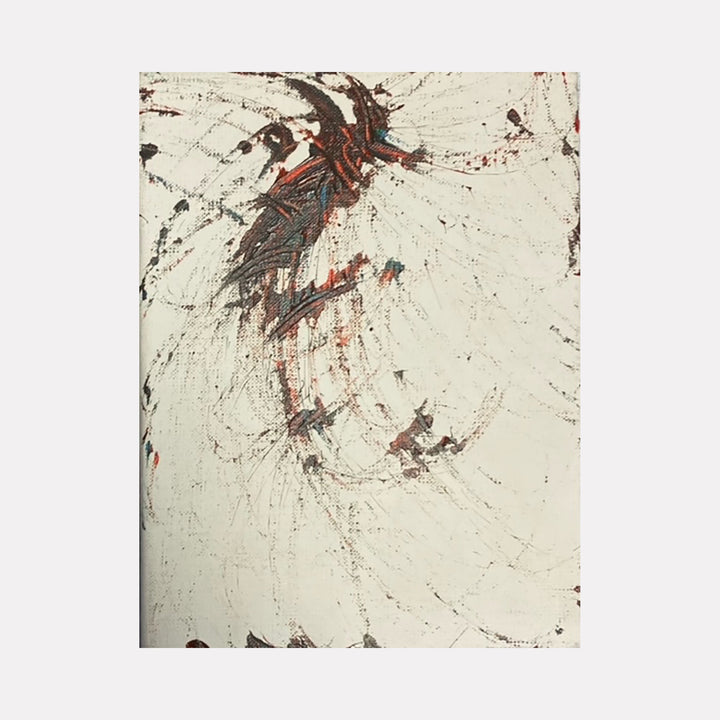 The artwork 'Crow' by Dom Hiddo features an abstract expressionist bird figure rendered in dynamic splashes of dark gray and rusty red acrylic paint against a cream background. The crow's form emerges through energetic brushstrokes and paint splatters, creating a sense of movement and flight across the 5x7-inch canvas. The technique suggests spontaneity and raw artistic expression.