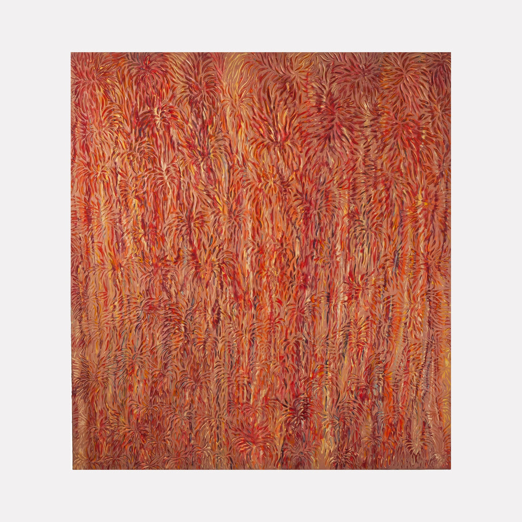 The artwork 'Current' features intricate patterns of flowing coral and orange brushstrokes creating a textured, wave-like effect. The encaustic medium adds depth and movement, with varying shades of red and amber swirling vertically across the panel, reminiscent of flowing water or organic patterns in nature. 66x60 inches. By Seren Morey.