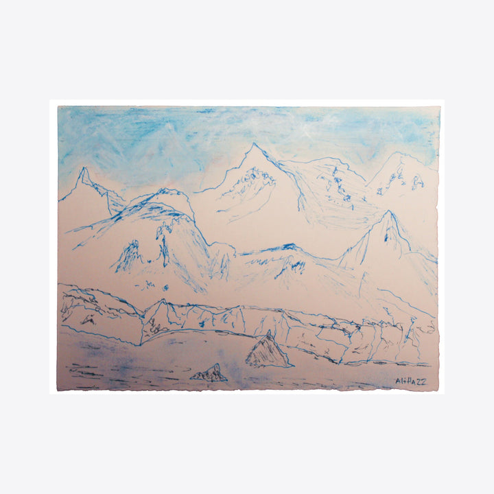The artwork 'Damoy Point' by Ali Ha features a minimalist line drawing of mountain peaks against a soft gradient sky. Delicate blue ink strokes outline rugged mountain ridges on warm white Stonehenge paper, creating a serene landscape composition. The ethereal design combines Micron and Caran d'Ache techniques. By Ali Ha.