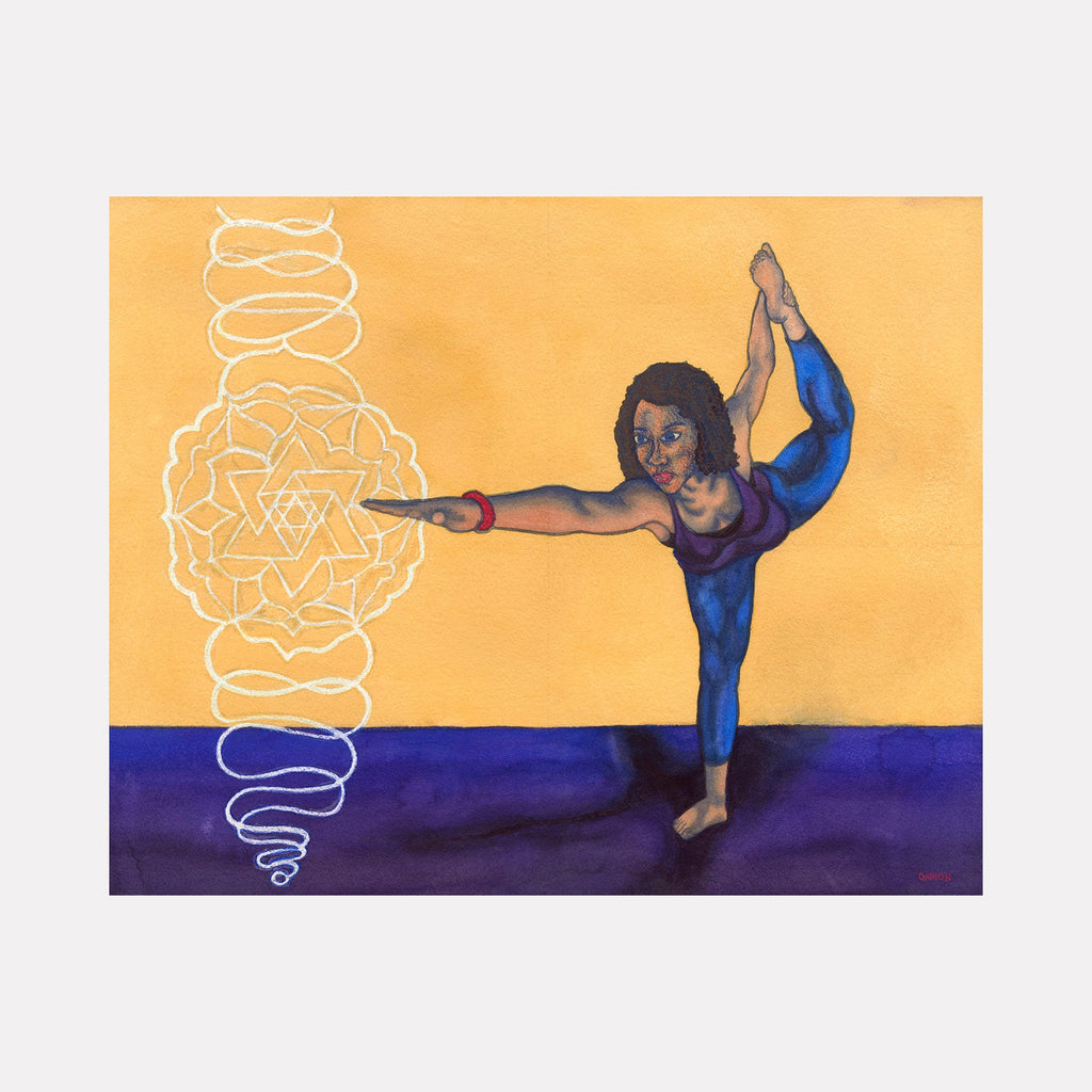The artwork 'Dancer's Pose Nataranjasana' by Damon Powell depicts a graceful figure in a blue outfit performing a yoga pose against a vibrant orange and purple background. A white spiral mandala pattern floats ethereally on the left side. The watercolor painting showcases fluid brushstrokes and dynamic movement, capturing the balance and strength of the dance posture.