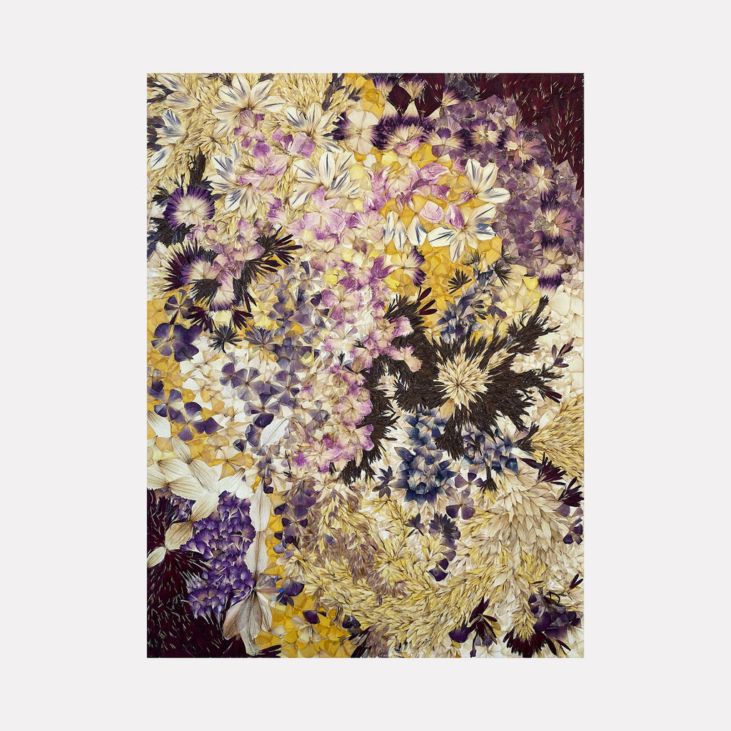 The artwork 'Defloree Self 03' by Valerie Hallier features a mesmerizing collage of preserved flower petals in a swirling composition of purple, yellow, and white hues. Delicate daisy-like blooms merge with abstract organic forms, creating a dynamic pattern on canvas sealed with polyurethane varnish. The 40x30 inch piece showcases both vibrant and muted floral elements arranged in a painterly style.