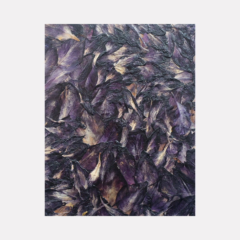 Deflorees Origins Gladiolus 02 by Valerie Hallier features preserved purple and cream gladiolus petals arranged in a dynamic textural composition. The petals create a rich, layered pattern with deep violet hues contrasting against pale golden highlights, sealed in polyurethane varnish on canvas. 10x8 inches mixed media artwork.