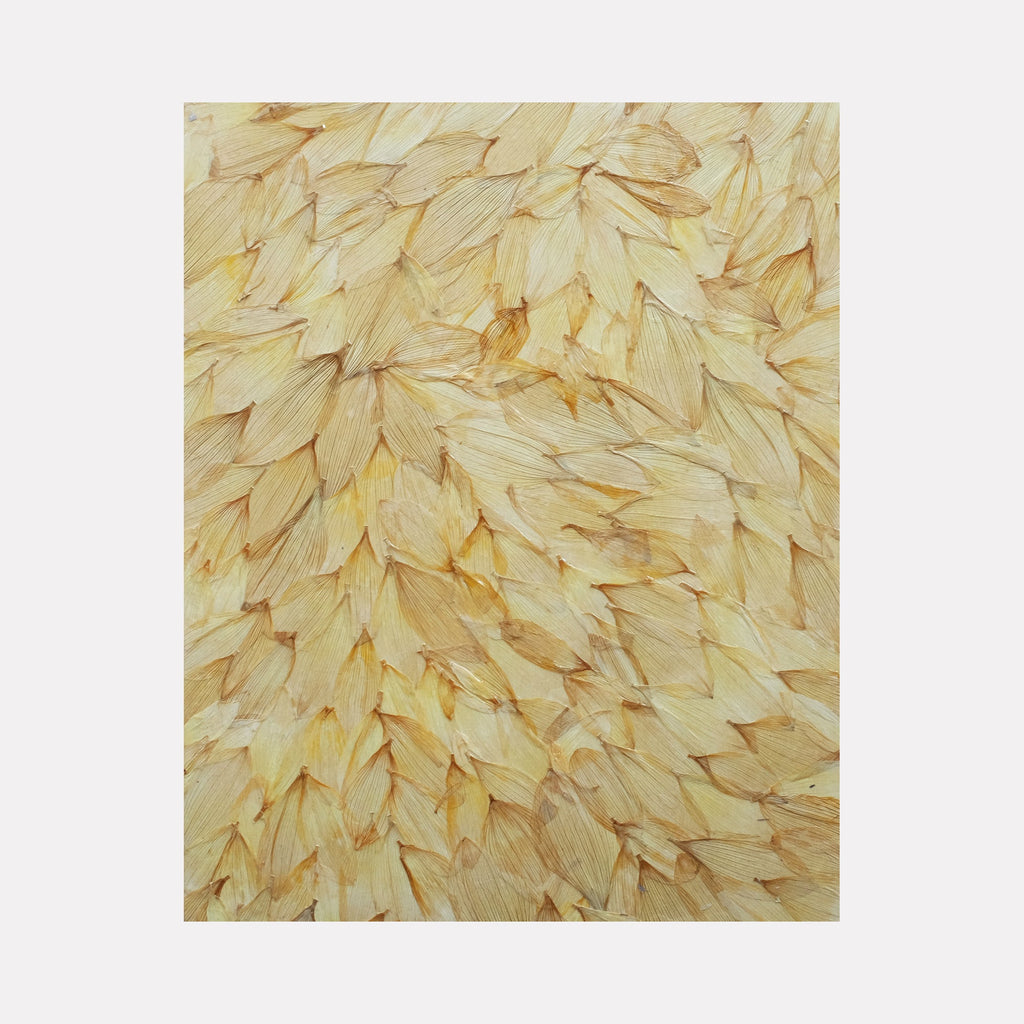 The artwork 'Deflorees Origins Sun Flower 01' features densely layered pale yellow flower petals arranged in an organic, overlapping pattern creating a textural abstract composition. The preserved petals are coated with polyurethane varnish on canvas, displaying subtle variations in cream and golden tones. Art by Valerie Hallier.