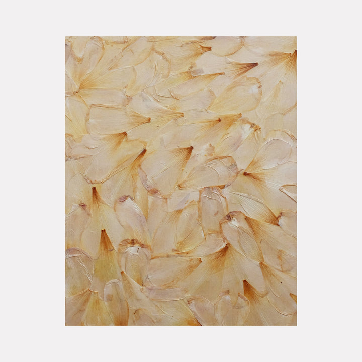 Deflorees Origins Tulip 03 by Valerie Hallier features delicate cream-colored tulip petals arranged in an overlapping pattern, preserved in polyurethane varnish on canvas. The petals create a textural mosaic with subtle peach undertones and translucent edges, capturing the organic beauty of pressed florals in mixed media artwork.