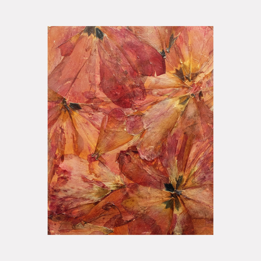 The artwork 'Deflorees Origins Tulip 05' features preserved tulip petals in warm coral and amber hues arranged in a radial pattern, creating an abstract floral composition. The petals are sealed in polyurethane varnish on canvas, showcasing natural textures and organic forms with golden centers radiating outward. By Valerie Hallier.