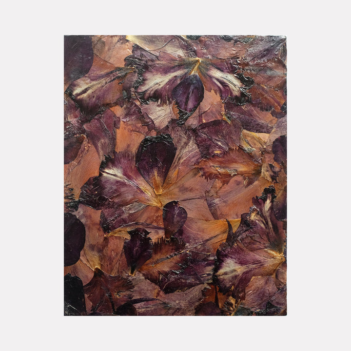 The artwork 'Deflorees Origins Tulip 07' by Valerie Hallier features preserved tulip petals arranged in a dramatic collage, showcasing deep burgundy and burnt orange hues. The petals create an abstract, layered composition on canvas, sealed with polyurethane varnish, revealing intricate natural textures and organic patterns from pressed flowers. by Valerie Hallier