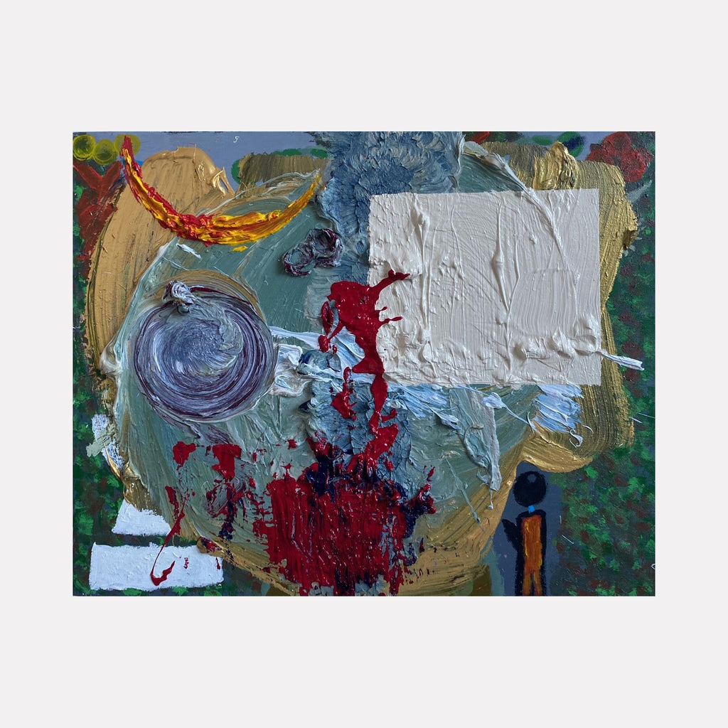 The artwork 'Deity of the underworld' by Dom Hiddo features bold impasto textures with dramatic red splashes against white and gold backdrop. A spiraling blue vortex adds depth while textured paint strokes create dynamic movement. Abstract expressionist style combining acrylic and oil paint techniques on canvas.