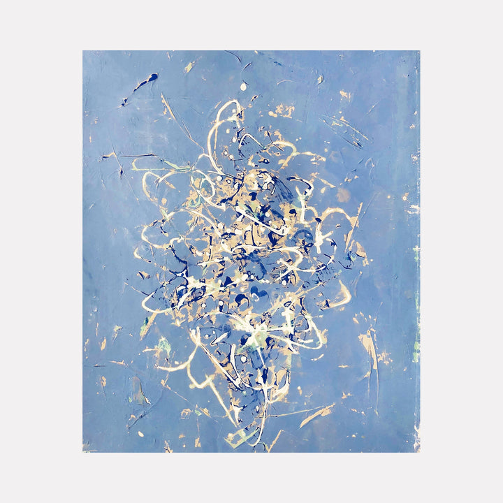 The artwork 'Delft' by Shira Toren features dynamic white and navy blue abstract gestures against a powder blue background, created with Venetian plaster pigment on canvas. The composition evokes a spontaneous dance of swirling lines and splashes, reminiscent of delicate porcelain patterns. The textured surface captures light and movement through its expressive brushstrokes.