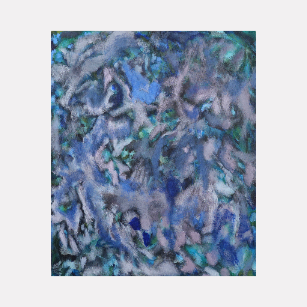 The artwork 'Depths' by Diana Naccarato features swirling abstract patterns in deep blues, teals, and grays, created with acrylic and charcoal on canvas. The composition evokes underwater movement with fluid brushstrokes and layered textures, creating a dynamic interplay of light and shadow throughout the 24x20 inch framed piece.