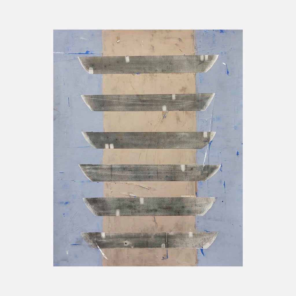 The artwork 'Desert Crossing' by Shira Toren features a vertical composition of six parallel horizontal grey bars arranged like steps against a soft beige central column and pale blue background. Created with Venetian plaster pigment on canvas, the piece showcases a minimalist architectural aesthetic with subtle texture variations and weathered finishes.