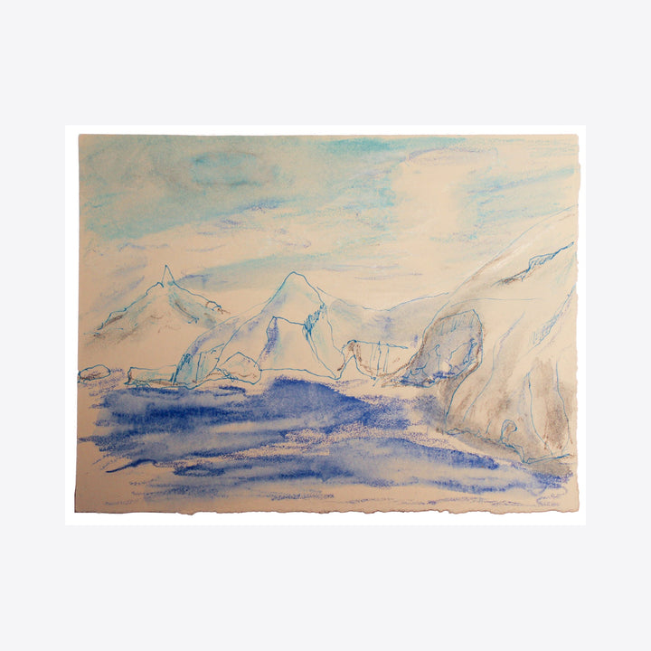 The artwork 'Dorian Bay' by Ali Ha features a serene mountainous landscape rendered in soft blue watercolors and delicate ink lines. Snow-capped peaks rise dramatically against a pale sky, while deep blue waters stretch across the foreground, capturing the tranquil essence of a pristine glacial bay on Stonehenge archival paper. By Ali Ha.