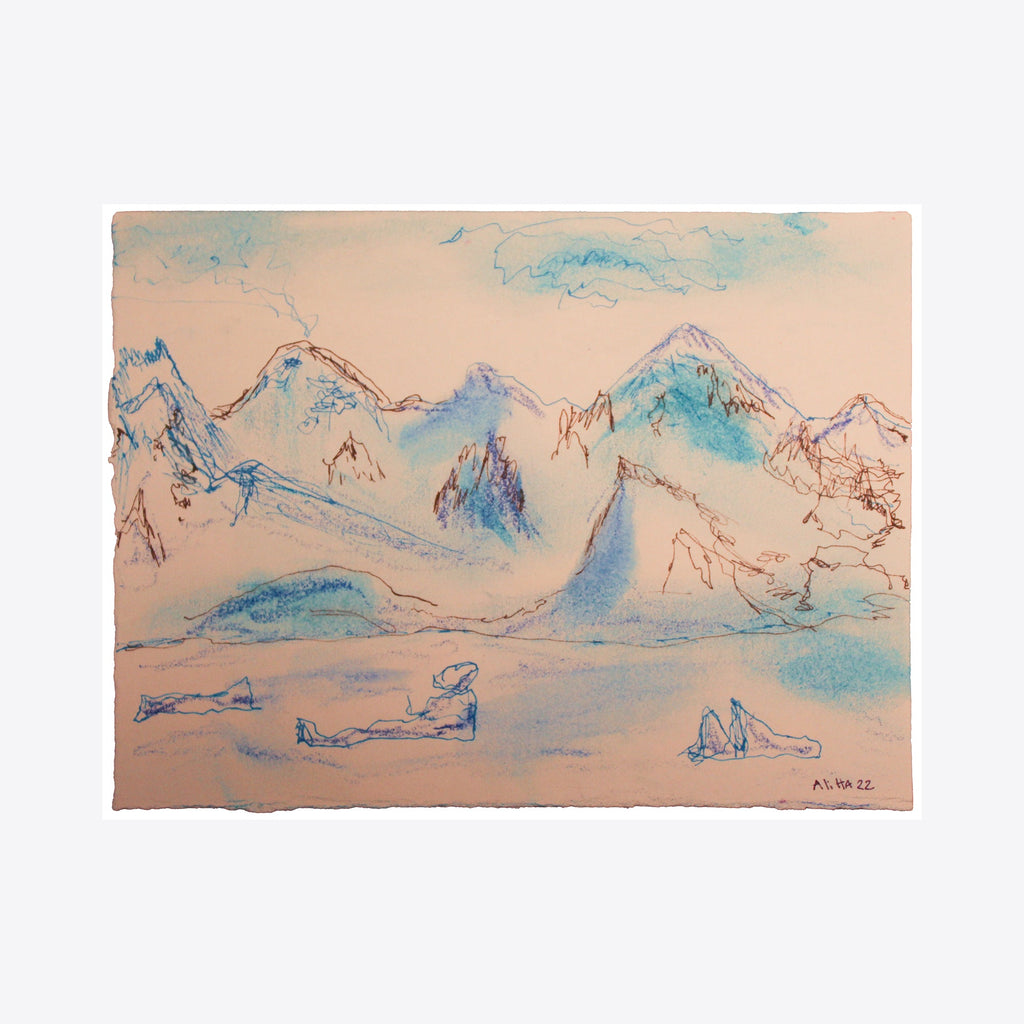 The artwork 'Dorian Bay Mountains' by Ali Ha features delicate line drawings of snow-capped mountain peaks rendered in soft turquoise blue and coral pink hues. The minimalist landscape sketch captures serene mountain reflections on calm waters, drawn on warm white paper using archival ink and Caran d'Ache medium. Artist: Ali Ha