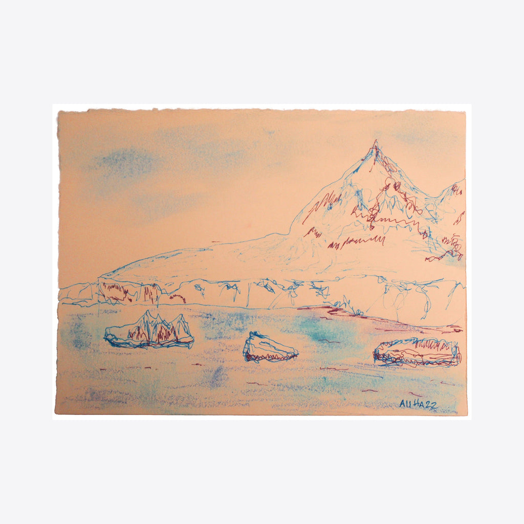 The artwork 'Dorian Bay Sunny' by Ali Ha captures a serene coastal landscape featuring a prominent mountain peak sketched in delicate blue and red lines against a warm peach background. The composition includes scattered rocky formations in the water, rendered with minimalist strokes on Stonehenge archival paper, creating a dreamy, ethereal atmosphere. By Ali Ha.